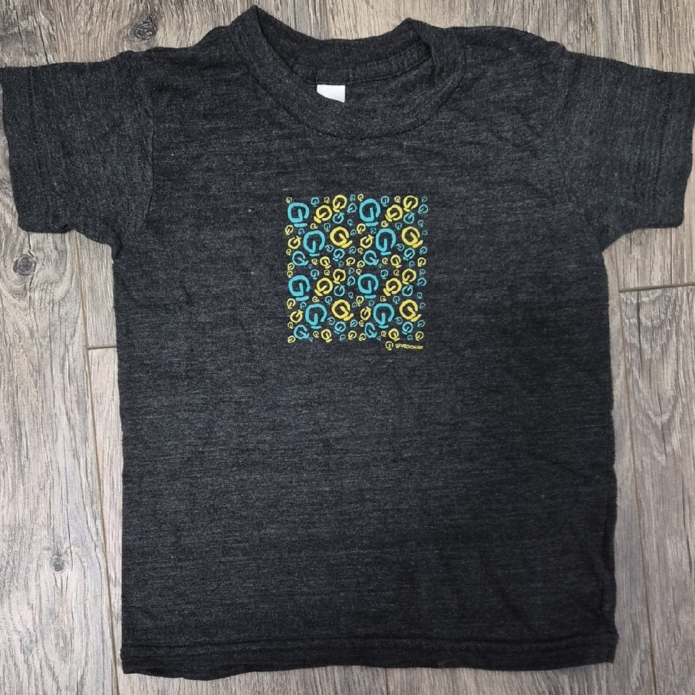 American Apparel Charcoal Tee with Vibrant Blue and Yellow Pattern